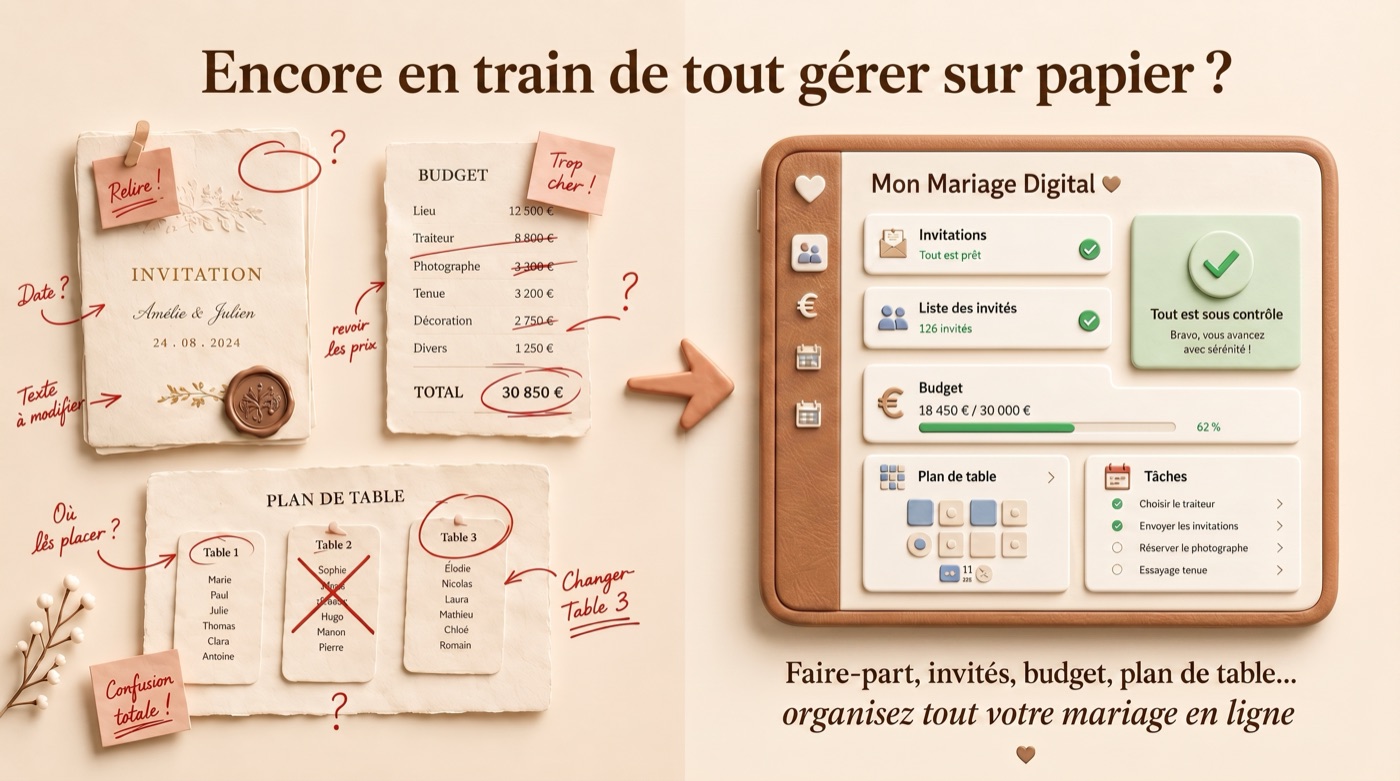 Tout gérer sur papier (invitation, budget, plan de table) vs. organiser tout son mariage en ligne avec Nuptia
